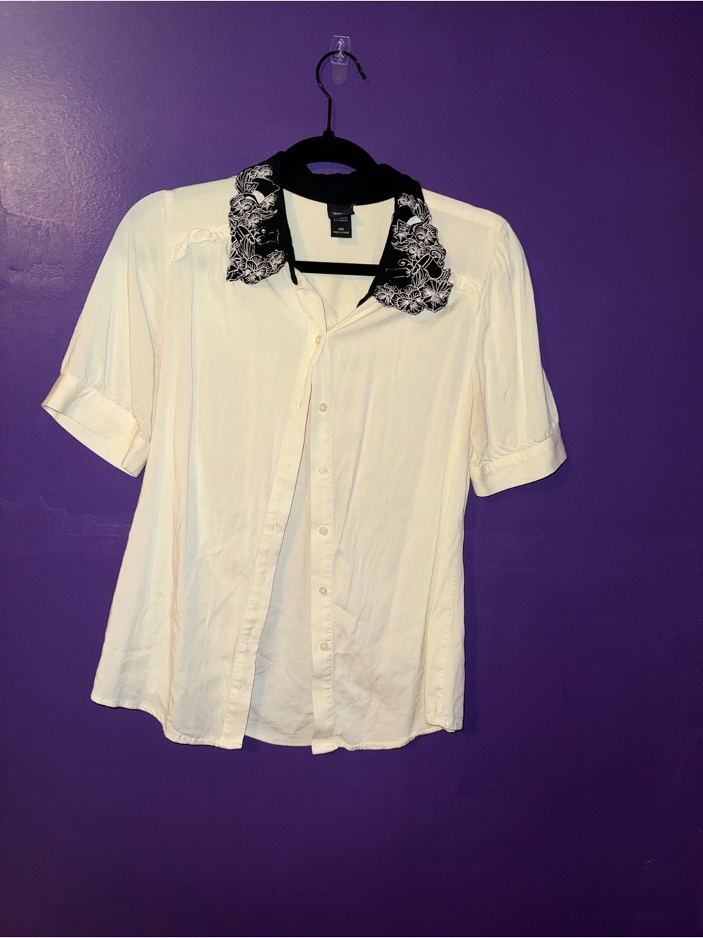 Alice in Wonderland Embroidered Collar Short Sleeve Button-Up Blouse